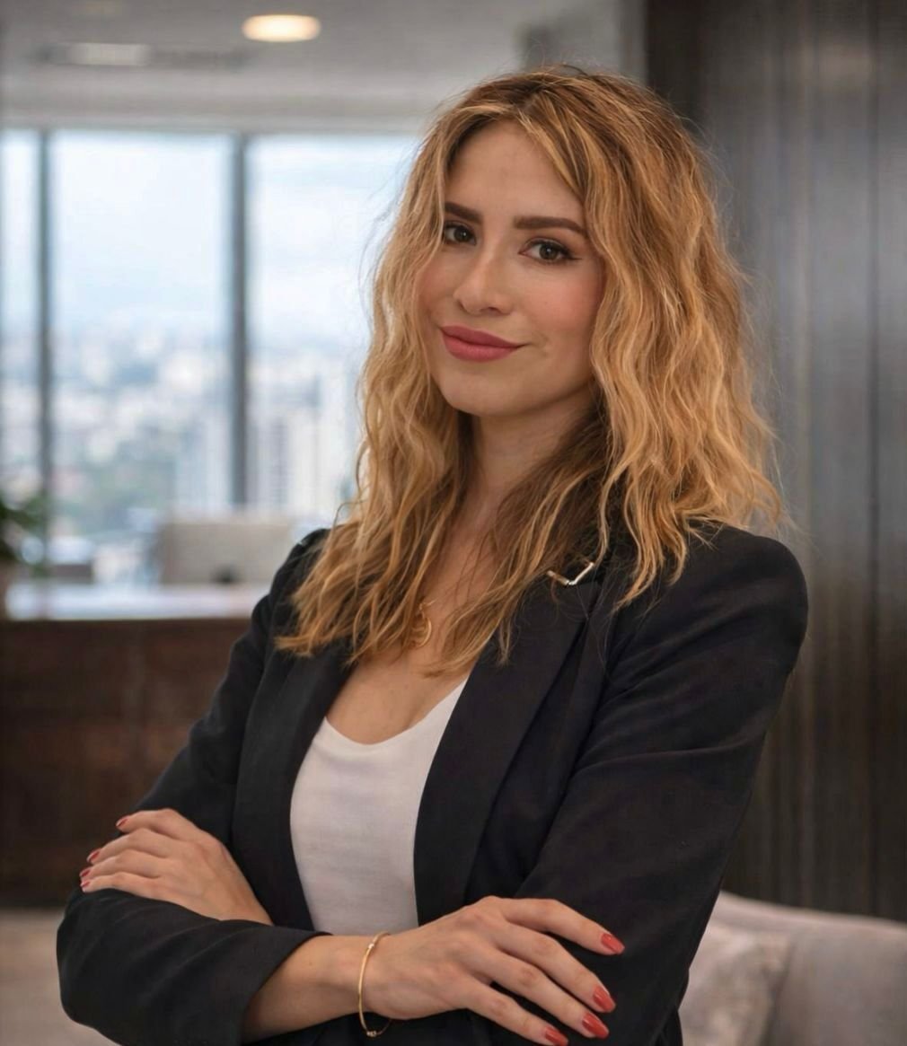 Professional woman with wavy strawberry blonde hair wearing a black blazer and white top, posed with crossed arms in a modern office with city views