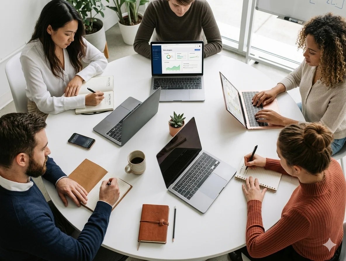 Five diverse professionals gathered around a white circular table with laptops, notebooks, and devices during a business meeting or collaboration session.